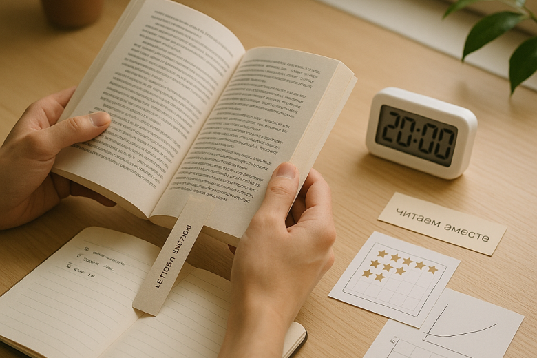 Hands-only reader at a sunlit wooden desk with an open book, a digital timer