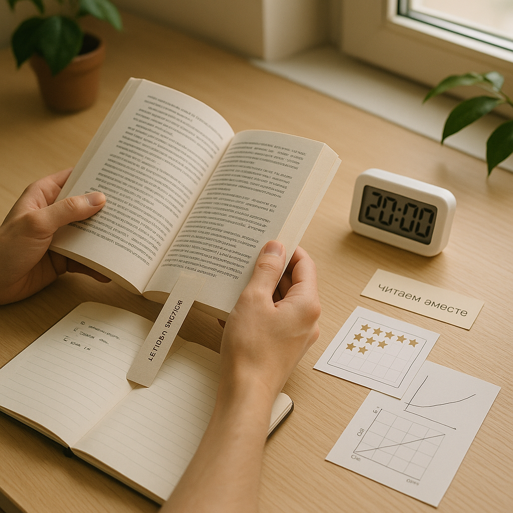 Hands-only reader at a sunlit wooden desk with an open book, a digital timer